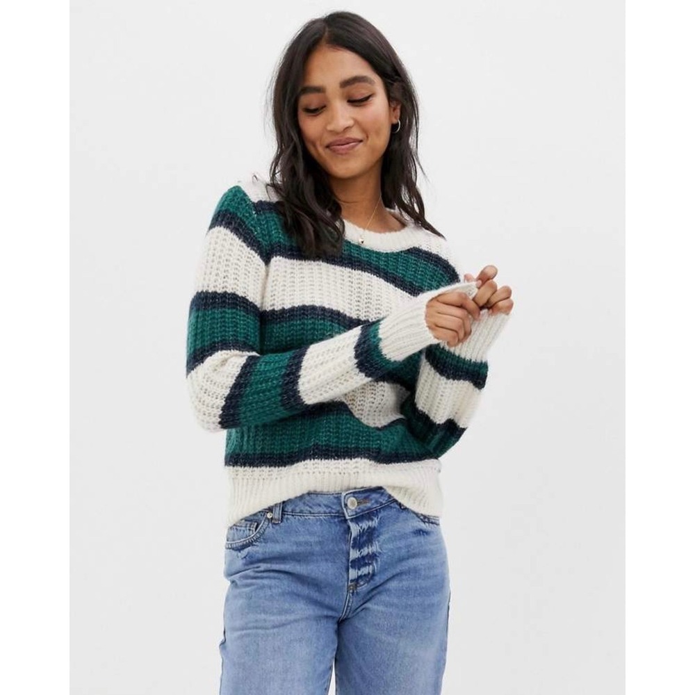 Abercrombie & Fitch Green‎ White Balloon Sleeve Knit Sweater Classic Preppy XS